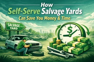 Illustration showcasing how self-serve salvage yards can save money and time with a mechanic pulling parts from a car, surrounded by money and a clock symbolizing savings