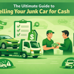 Green-themed flat illustration of a junk car being loaded onto a tow truck while the owner receives cash, representing junk car for cash with icons for fast payment, simple paperwork, pricing, and free removal.