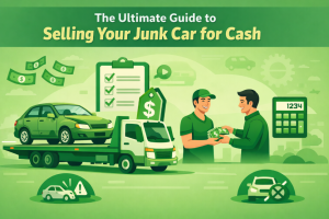 Green-themed flat illustration of a junk car being loaded onto a tow truck while the owner receives cash, representing junk car for cash with icons for fast payment, simple paperwork, pricing, and free removal.