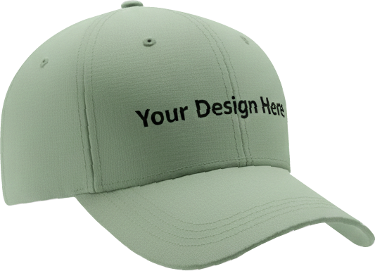 Green custom embroidered baseball cap with “Your Design Here” text by Cash N Carry Merchendize