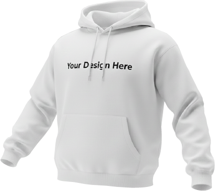 White custom printed pullover hoodie with “Your Design Here” text by Cash N Carry Merchendize