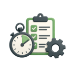 Stopwatch, checklist, and gear vector representing a fast-paced work environment.