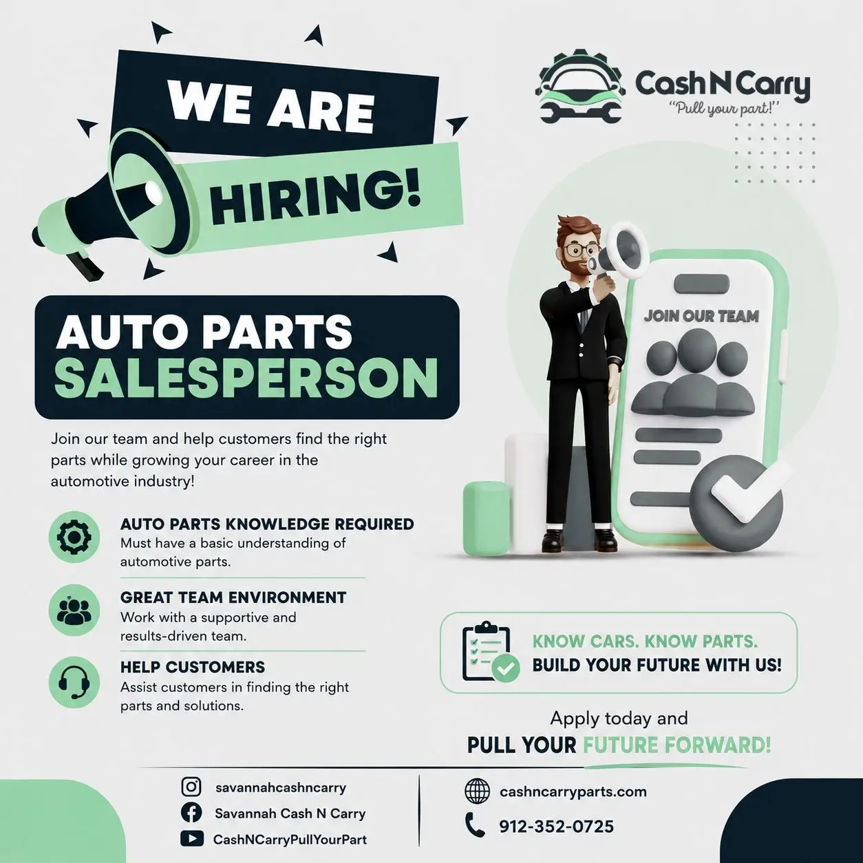 Career page banner for Cash-N-Carry Pull Your Part inviting job seekers to join the team and view open positions.
