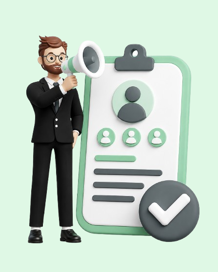 3D hiring illustration showing a professional character with a megaphone beside a job application clipboard and checkmark for Cash-N-Carry careers page.