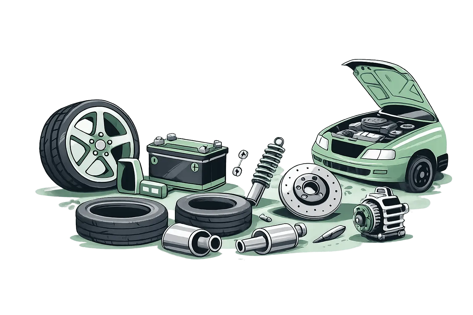 Illustration of used auto parts in Savannah, GA featuring a vehicle with its hood open surrounded by recycled auto parts, including tires, a wheel, battery, brake rotor, suspension spring, alternator, and exhaust components. The graphic represents quality used car parts available from a local salvage yard.